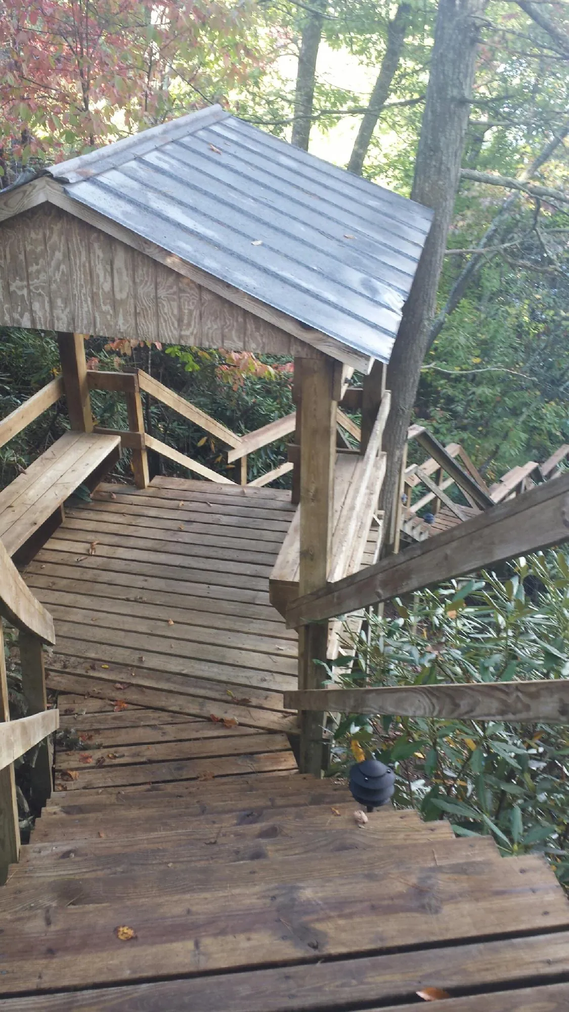 Metal roofed shelter over wooden steps on a wooded walkway — Skylight Repair & Installation work by our crew in Townley
